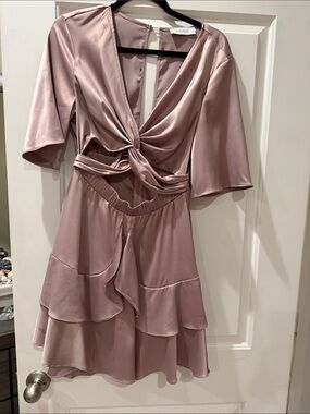Satin Twist-Front Mini Dress in Dusty Rose